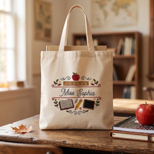 Rustic Watercolor Teacher Tote Bag, Custom Name Bag