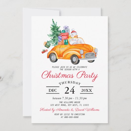 Rustic Watercolor Truck Christmas Party Invitation Kaart (Voorkant)