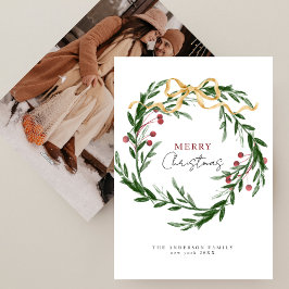 Rustic Watercolor Winter Wreath Christmas Photo Feestdagenkaart