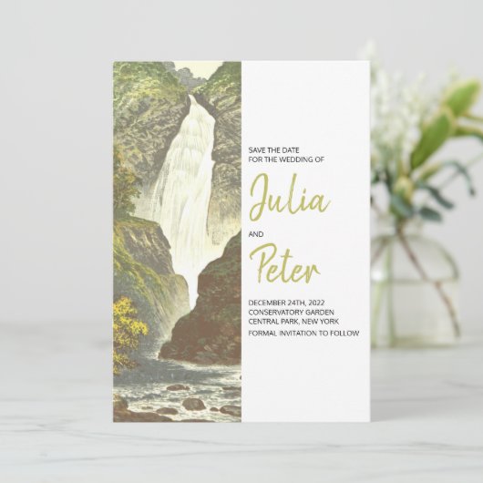 Rustic Waterfall Scenery Save the Date Wedding Kaart (Staand voorkant)