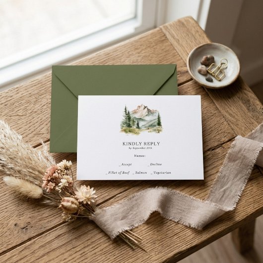 Rustic Waterverf Berg Bruiloft RSVP Kaartje
