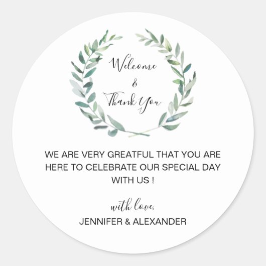 Rustic waterverf bladeren bruiloft Welkom Ronde Sticker (Voorkant)