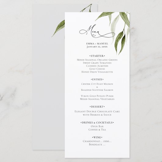 Rustic Waterverf Eucalyptus Groenery Menu (Voorkant / Achterkant)