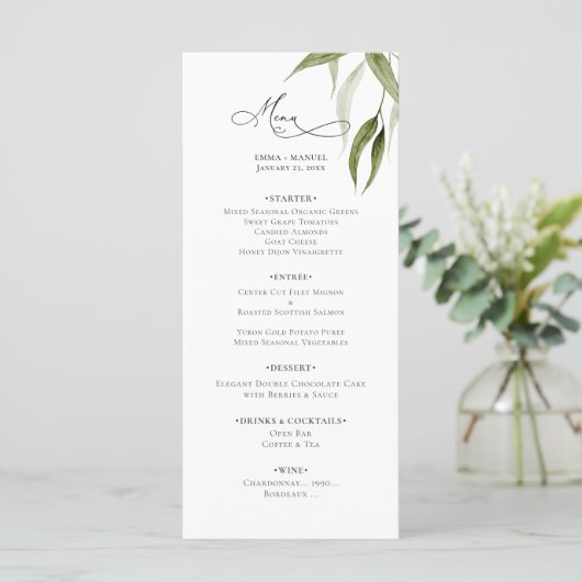 Rustic Waterverf Eucalyptus Groenery Menu (Staand voorkant)