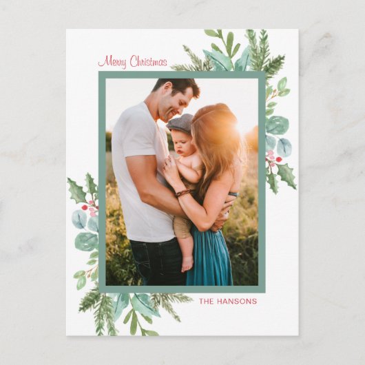 Rustic Waterverf Greenery Foto Merry Kerstmis Feestdagenkaart (Voorkant)