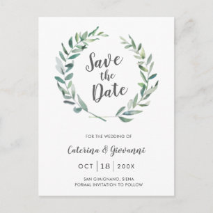 Rustic Waterverf Greenery Non Photo Save the Date Aankondigingskaart