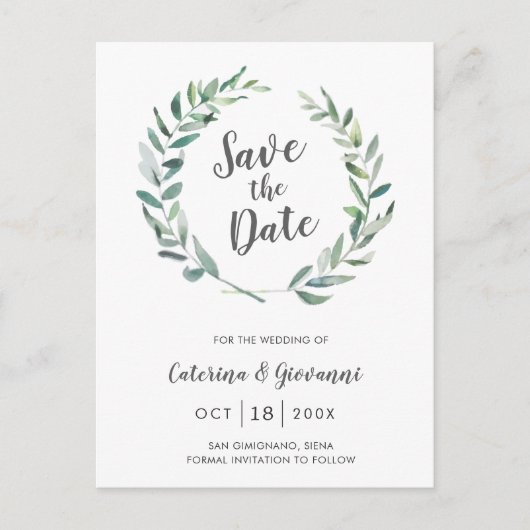 Rustic Waterverf Greenery Non Photo Save the Date Aankondigingskaart (Voorkant)
