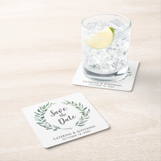 Rustic Waterverf Greenery Non Photo Save the Date Kartonnen Onderzetters (Insitu)