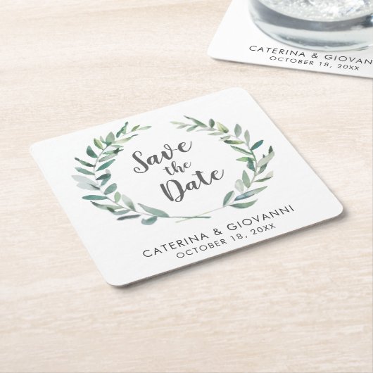 Rustic Waterverf Greenery Non Photo Save the Date Kartonnen Onderzetters (Schuin)