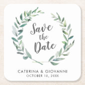 Rustic Waterverf Greenery Non Photo Save the Date Kartonnen Onderzetters (Voorkant)