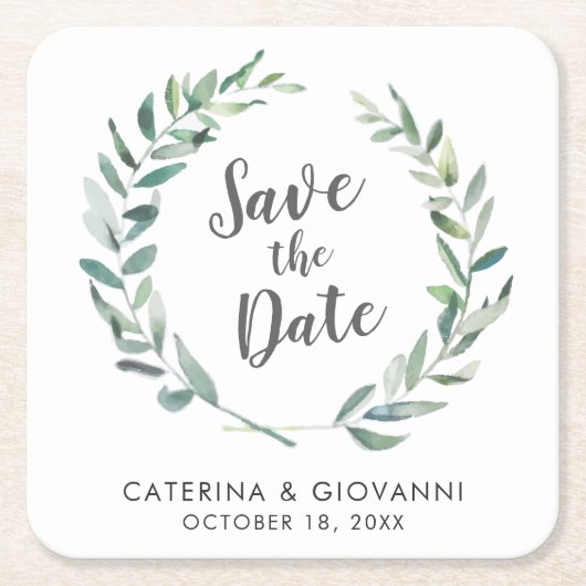 Rustic Waterverf Greenery Non Photo Save the Date Kartonnen Onderzetters (Voorkant)