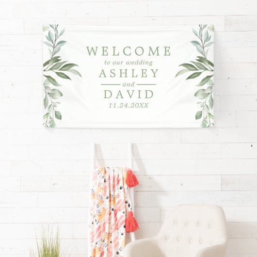 Rustic Waterverf Greenery Wedding Welcome Banner (Insitu)