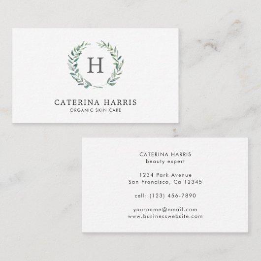 Rustic Waterverf Greenery Wreath Monogram Logo Visitekaartje (Voorkant / Achterkant)