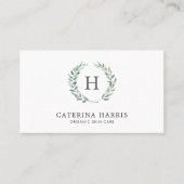 Rustic Waterverf Greenery Wreath Monogram Logo Visitekaartje (Voorkant)
