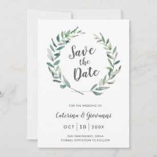 Rustic Waterverf Greenery Wreath Non-Foto Save The Date