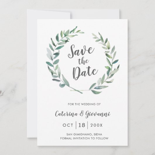 Rustic Waterverf Greenery Wreath Non-Foto Save The Date (Voorkant)