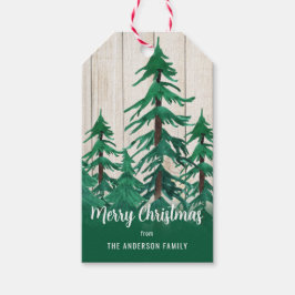 Rustic Waterverf Groenblijvende Bomen Kerstmis Cadeaulabel