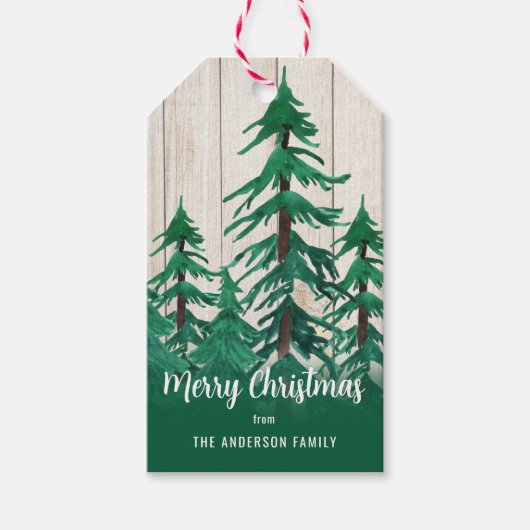 Rustic Waterverf Groenblijvende Bomen Kerstmis Cadeaulabel (Voorkant)