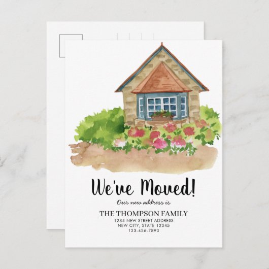 Rustic Waterverf House Home We hebben verhuisd Aankondigingskaart (Voorkant / Achterkant)