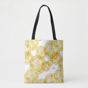Rustic Waterverf Lemon Slices Pattern Monogram Tote Bag