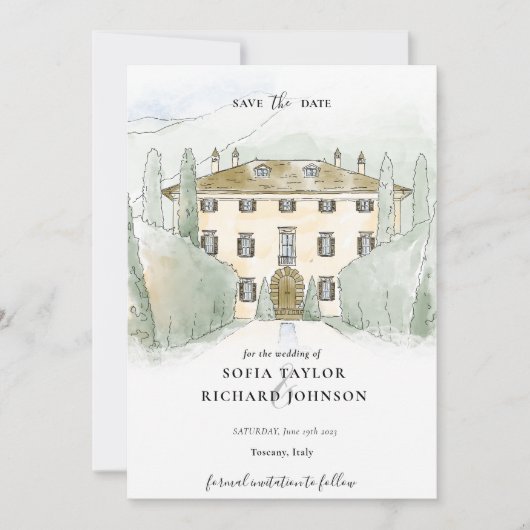 Rustic Waterverf Manor House Italy Save the Date Kaart (Voorkant)