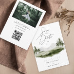 Rustic Waterverf Mountain Forest Wedding Foto Save The Date<br><div class="desc">Deze elegante bestemmings bruiloft behalve de datumkaart kenmerkt een romantisch waterverf landschap met bergen,  dennenbomen en groener bos perfect voor uw berganse top-droombruiloft en een ingewikkeld script calligraphy font gezegde "Save the Date". Personaliseer de foto en de trouwwebsite die met een code QR komt.</div>