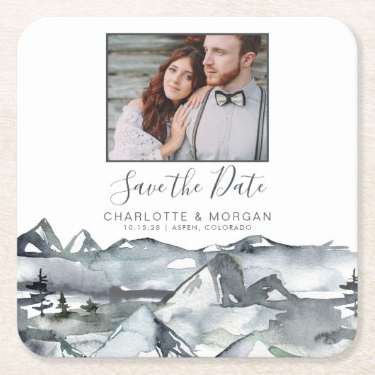 Rustic Waterverf Mountain Photo Save the Date Kartonnen Onderzetters (Voorkant)