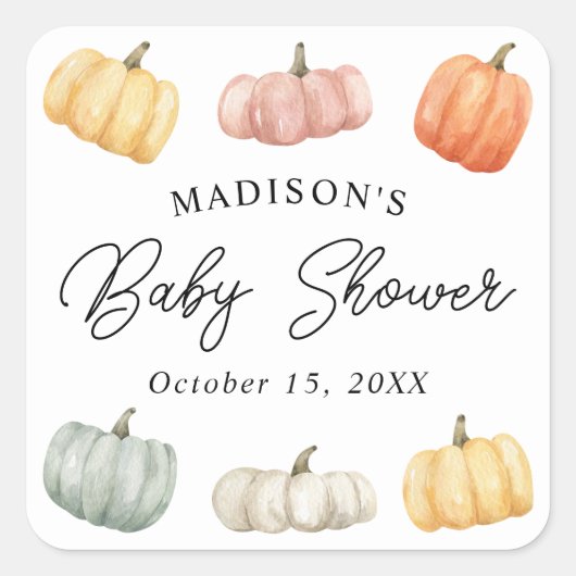 Rustic Waterverf Pumpkin Baby shower Vierkante Sticker (Voorkant)
