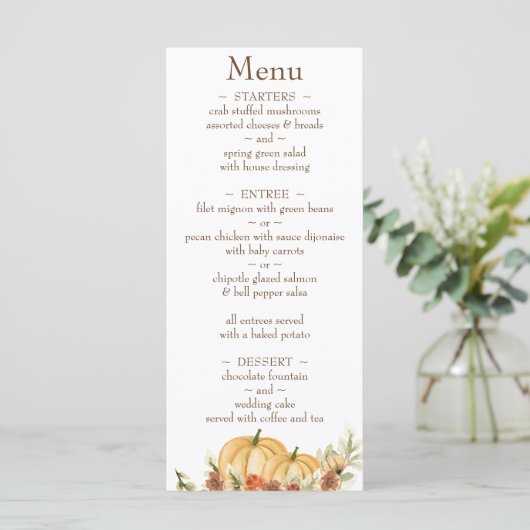 Rustic Waterverf Pumpkin Return Address Wedding Menu (Staand voorkant)