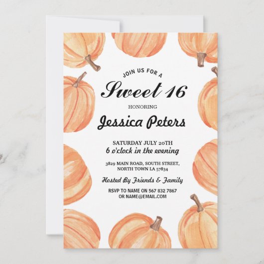 Rustic Waterverf Pumpkin Sweet 16-partijendag Kaart (Voorkant)