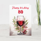 Rustic Waterverf Rode Wijn Glas 80ste Verjaardag Kaart (Voorkant)