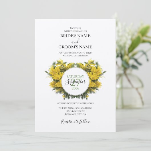 Rustic Wattle Acacia Wedding Invitations Kaart (Staand voorkant)