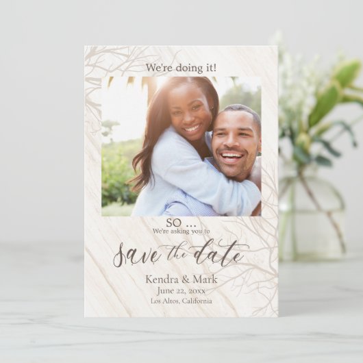 Rustic We doen het Foto Save the Date Kaart (Staand voorkant)