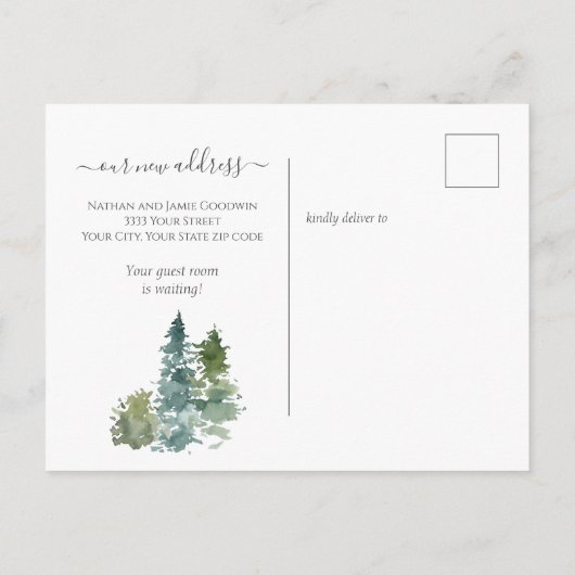 Rustic We hebben nieuwe Home Script Pine Tree verp Briefkaart (Achterkant)