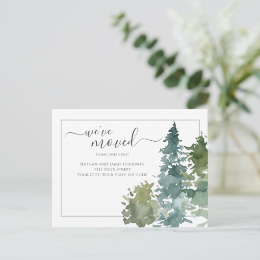 Rustic We hebben nieuwe Home Script Pine Tree verp Briefkaart (Staand voorkant)