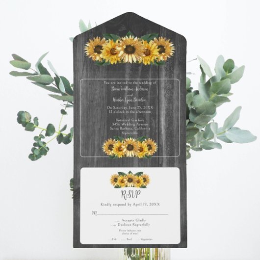 Rustic Weathered Sunflower Wedding All In One Uitnodiging
