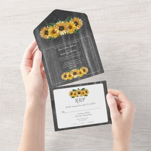 Rustic Weathered Sunflower Wedding All In One Uitnodiging (Afscheurbaar)