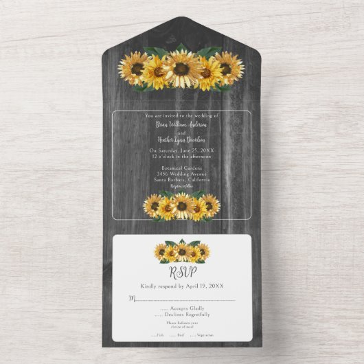 Rustic Weathered Sunflower Wedding All In One Uitnodiging (Binnen)
