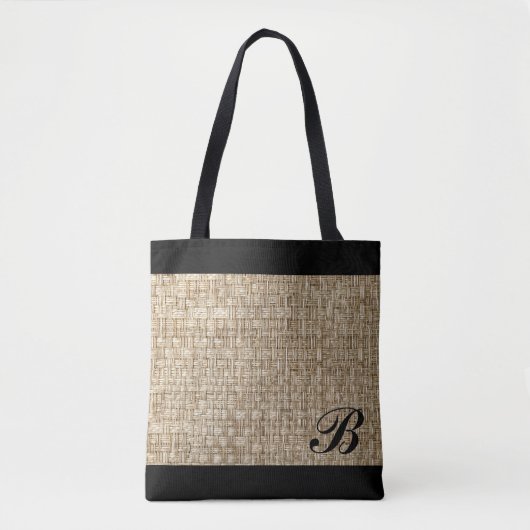 Rustic Weave Texture Pattern Chic Zwart Monogram Tote Bag (Voorkant)