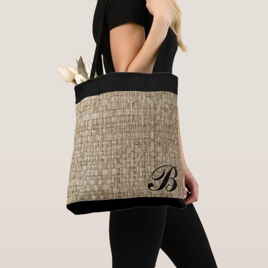 Rustic Weave Texture Pattern Chic Zwart Monogram Tote Bag (Dichtbij)