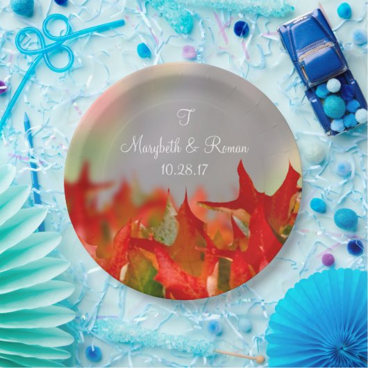 Rustic Wedding Autumn Leaves Name Monogram Herfst Papieren Bordje (Feest)