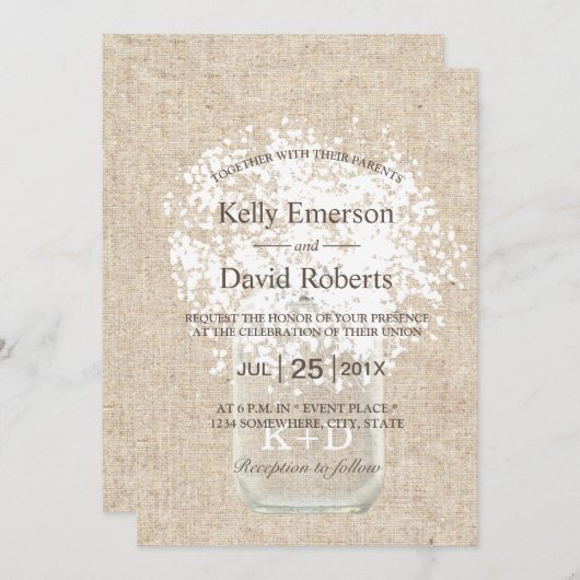 Rustic Wedding Baby's Breath Mason Jar Kaart (Voorkant / Achterkant)