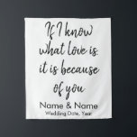 Rustic Wedding Back drop voor ontvangst op een bud Wandkleed<br><div class="desc">aangepaste trouwachtergrond voor receptie,  calligrafie voor bruiloft achteruit,  tapijt voor trouwfoto's uit de bruiloft,  banner voor trouwreceptie,  als ik weet wat liefde het is vanwege jou,  trouwceremonie,  aangepaste trouwachtergrond voor ceremonie,  huwelijksfotografie rustic bruiloft decor,  vrijgezellenfeest banner voor verlofpartijen,  hoofdtafel voor bruiloft,  persoonlijke namen terugval voor bruiloft</div>