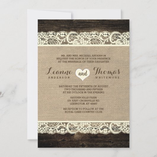 Rustic Wedding | Barn Wood Lace en Burlap Kaart (Voorkant)