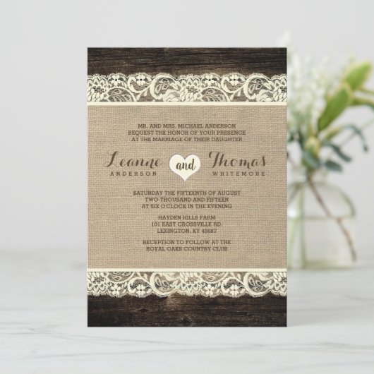 Rustic Wedding | Barn Wood Lace en Burlap Kaart (Staand voorkant)