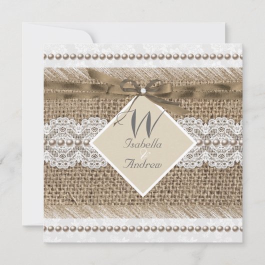 Rustic Wedding Beige lace Burlap Pearl White Kaart (Voorkant)