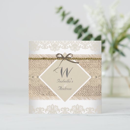 Rustic Wedding Beige lace Burlap White Kaart (Staand voorkant)