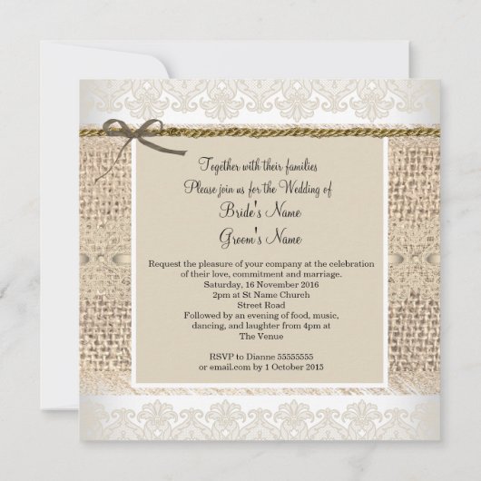 Rustic Wedding Beige lace Burlap White Kaart (Achterkant)
