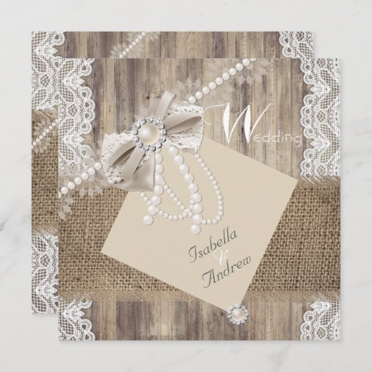 Rustic Wedding Beige Pearl Lace Wood Burlap 3 Kaart (Voorkant / Achterkant)