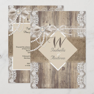 Rustic Wedding Beige Pearl Lace Wood Burlap Kaart